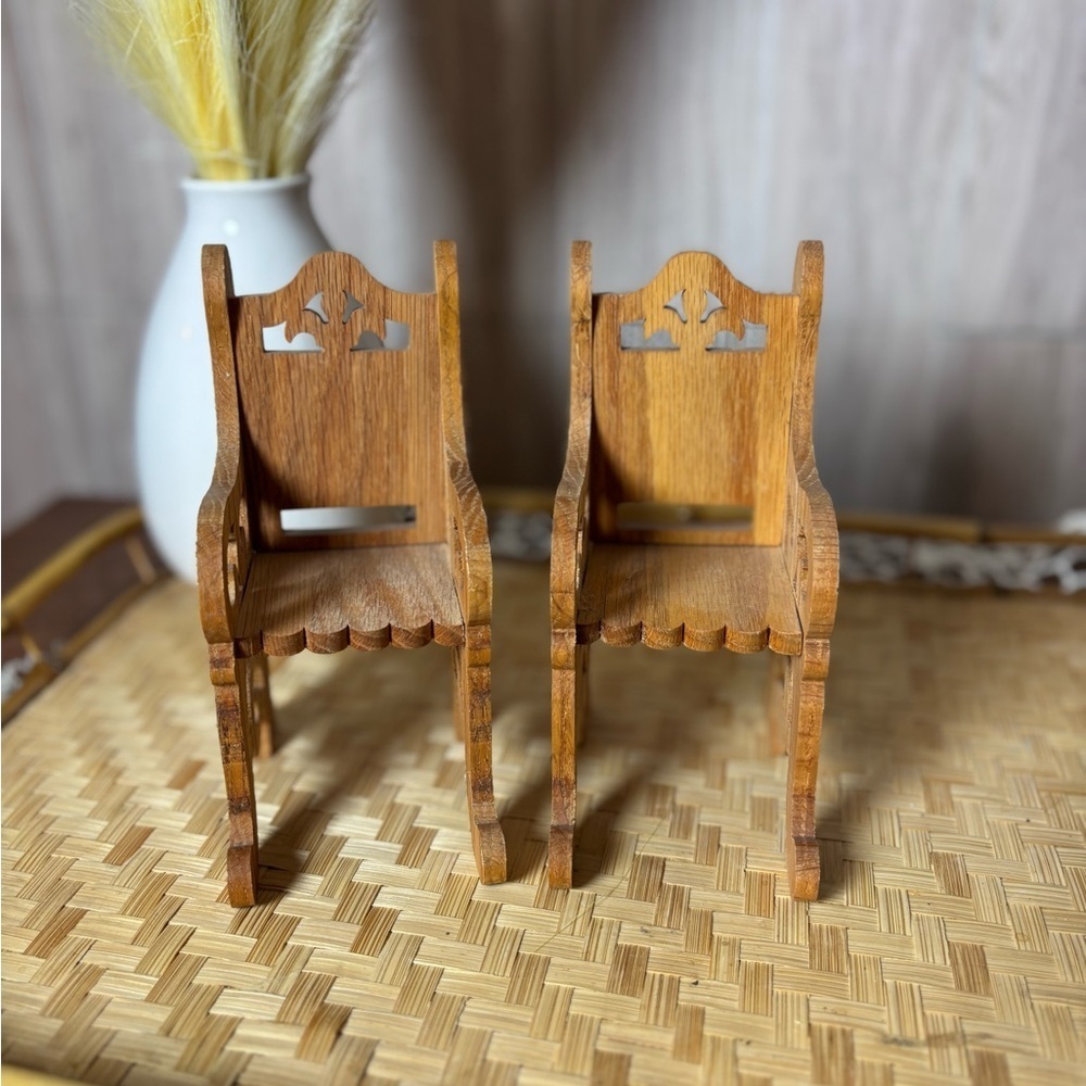 Elegant Miniature Intricately Carved Wooden Chair Doll Set